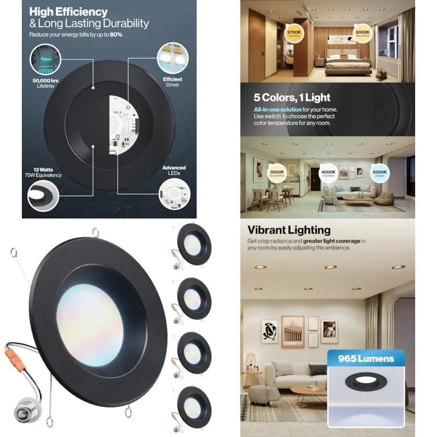 Sunco 4 Pack LED Recessed Light 6 Inch, 5CCT 2700K/3000K/3500K/4000K/5000K Selectable, Dimmable Can Lights, Baffle Trim, 13W=12
