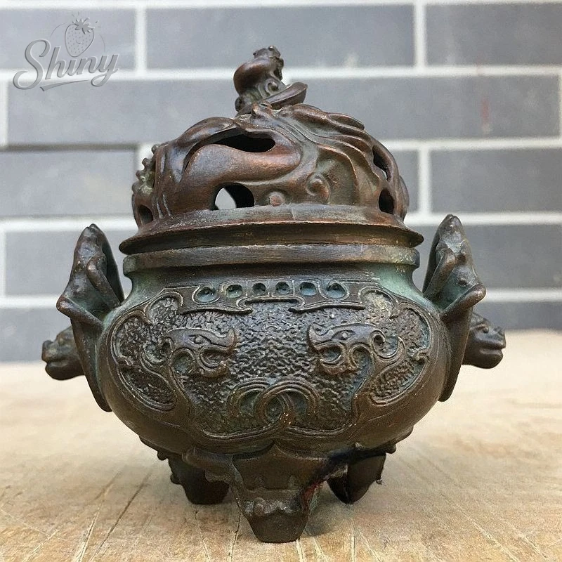 

3.5" Antique Bronze Dragon Double Ear Three-legged Incense Burner Ming Dynasty Xuande Indoor Feng Shui Home Decoration Ornaments