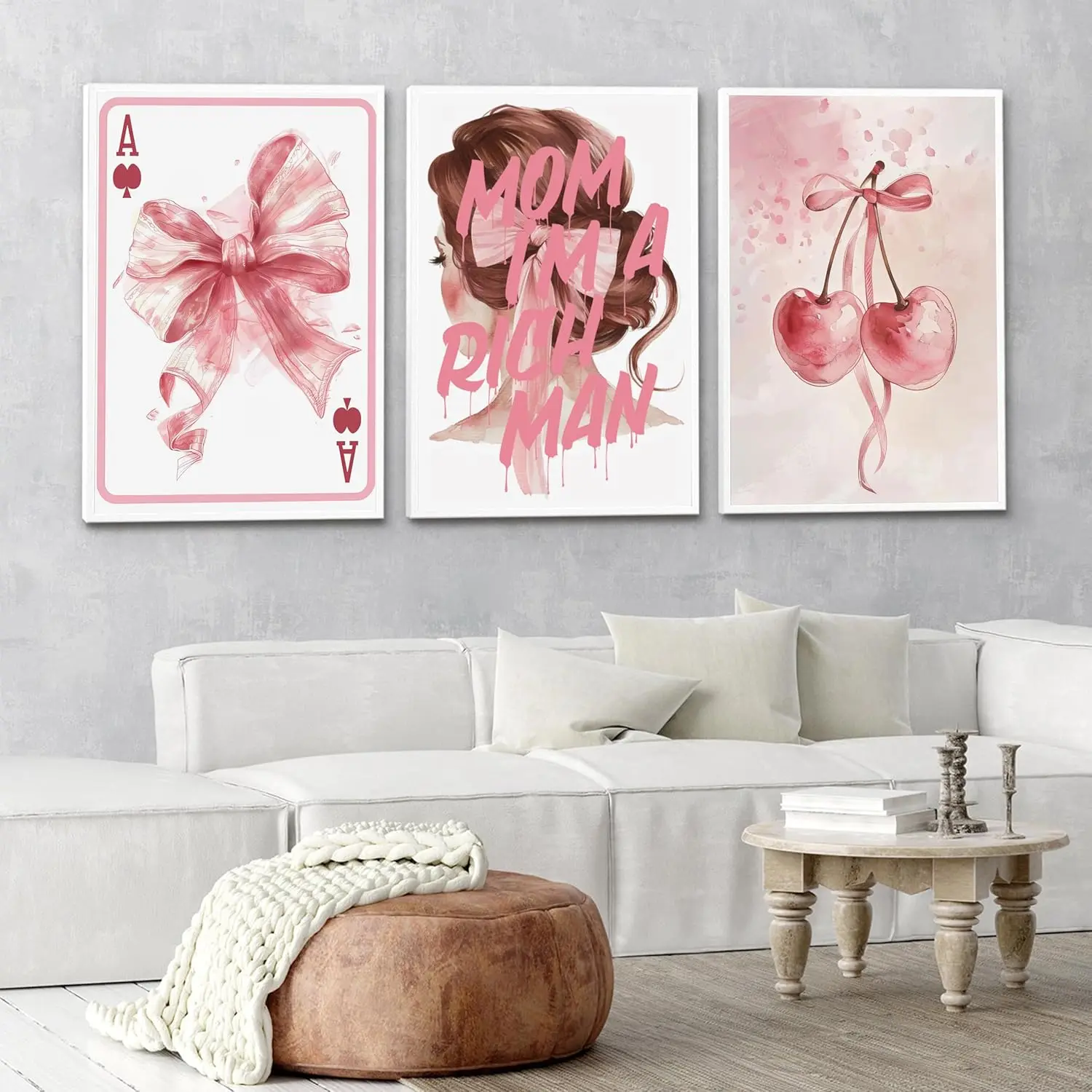 3Pcs/Set Preppy Fashion Wall Art Lightpink Funky Dorm Room Canvas Print Cherry Poster University Apartment Home Decor Bow Frame