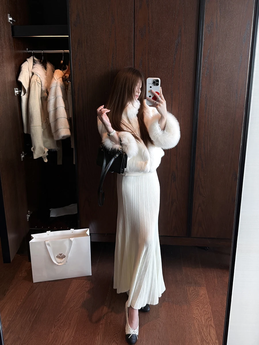 

NAOAO Белая и бежевая вязаная юбка-русалка с высокой талией, облегающая, с эффектом стройности, длинная юбка для женщин, осень-зима