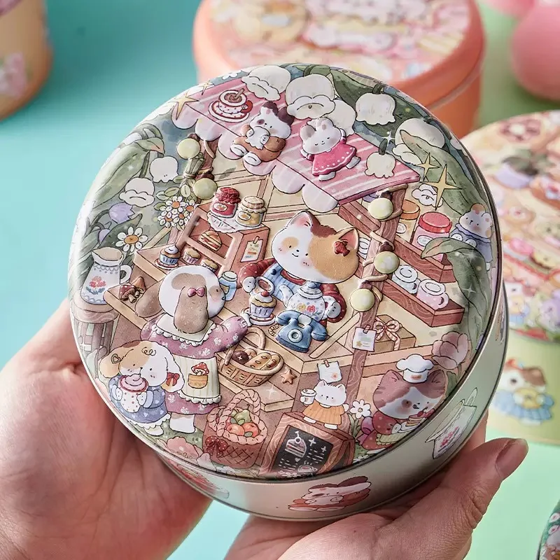 

Cartoon Bear Large Round Tea Sugar Coffee Cookies Storage Tin Box Desktop Sundries Organizer Container Gift Packing Iron Box