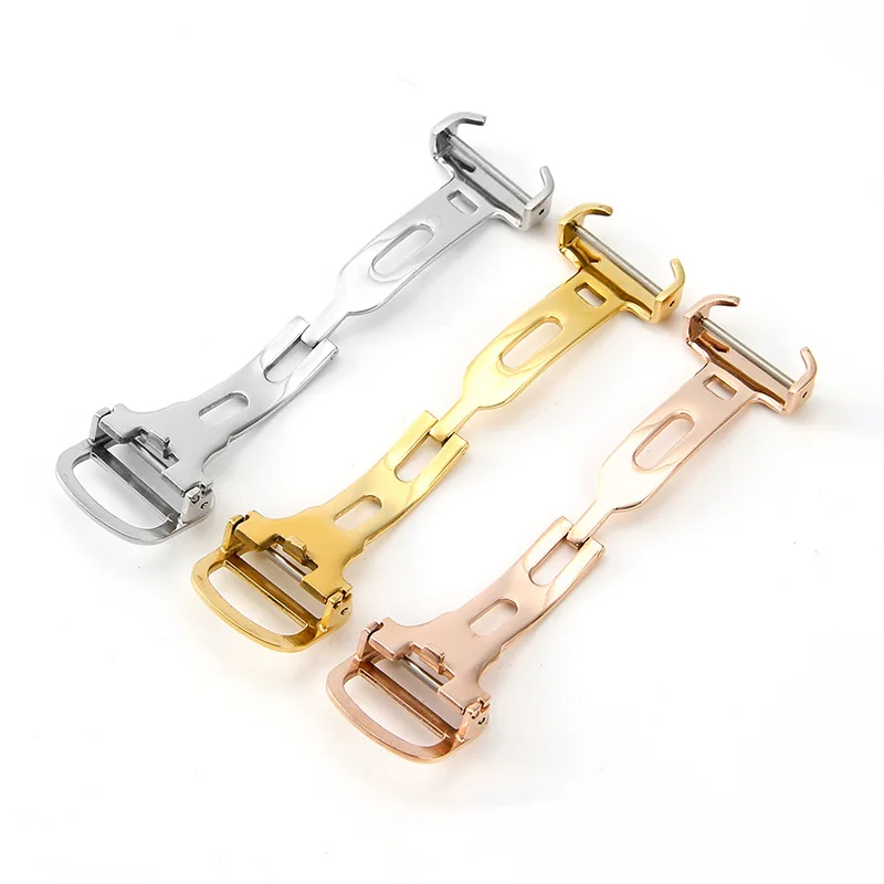 14mm 16mm 18mm 20mm 304L Stainless Steel Watch Strap for Leather Watch Band Metal Folding Butterfly Watch Clasp Accessories