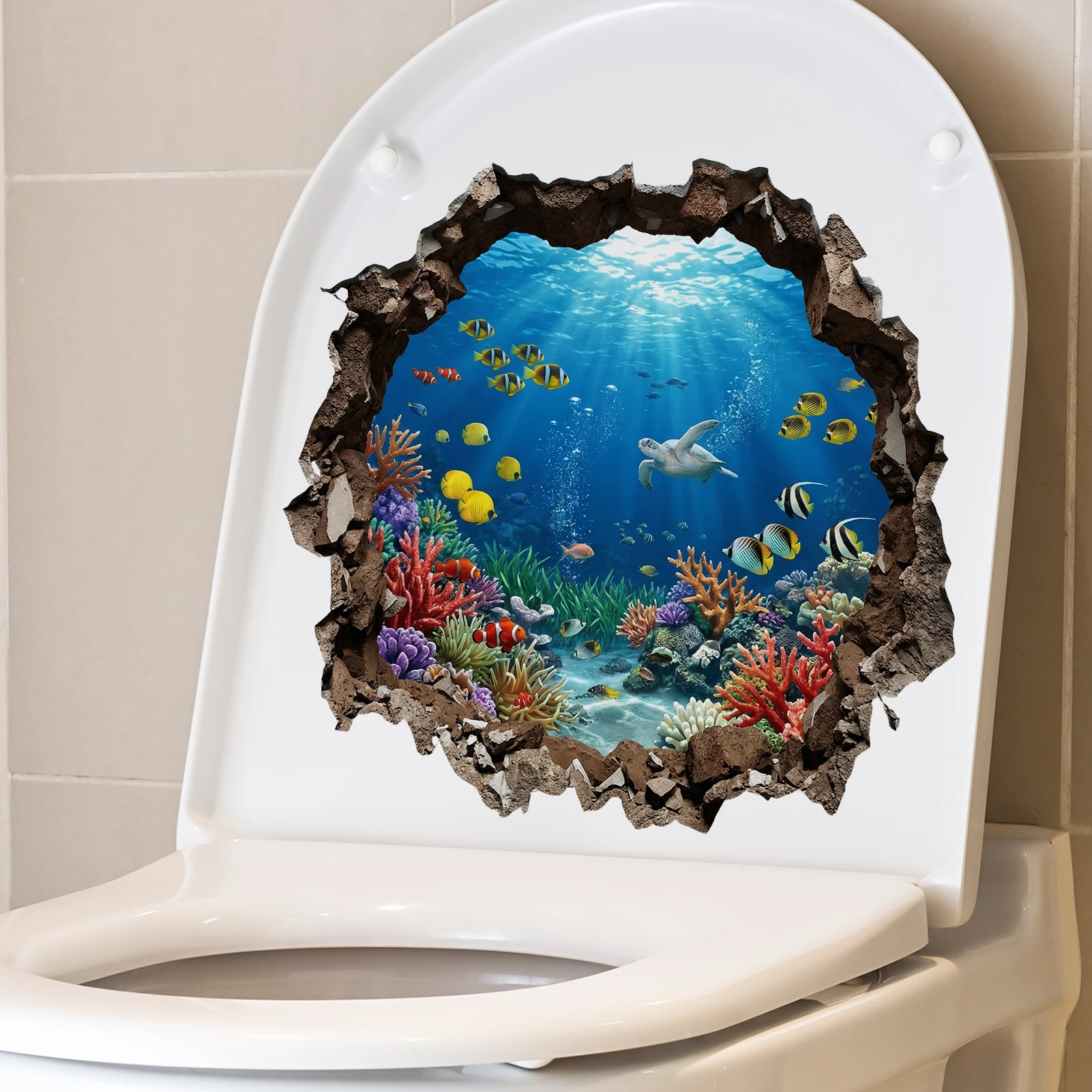 Underwater World Wall Sticker, Sea Turtle & Coral Reef Scene Bursting Through Wall Vinyl Wall Decal for Home Decor