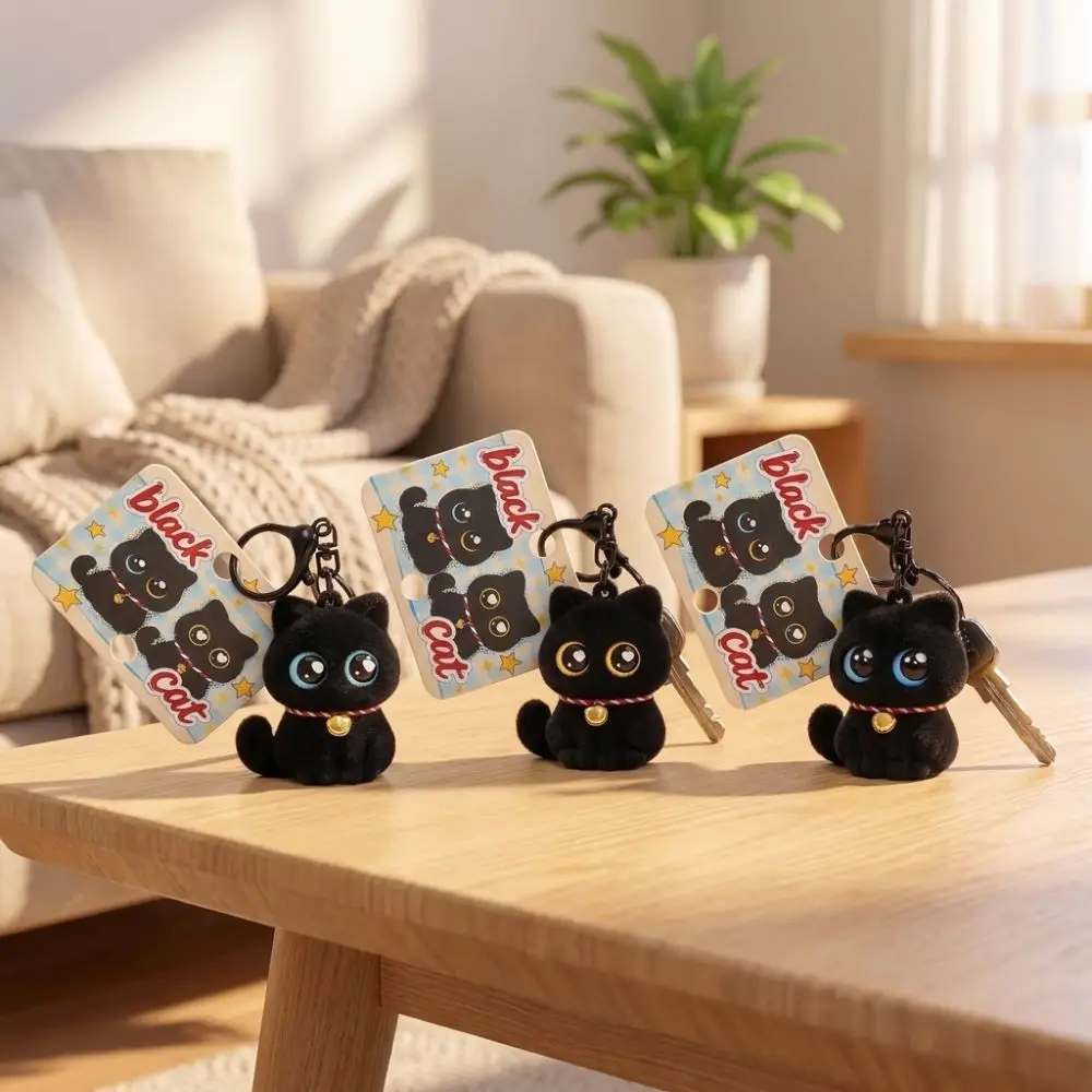 Creative Cartoon Animals Flocking Black Cat Keychain with Bell Collar Cool Cat Doll Bag Charm Small Cat Plush Key Ring Festival