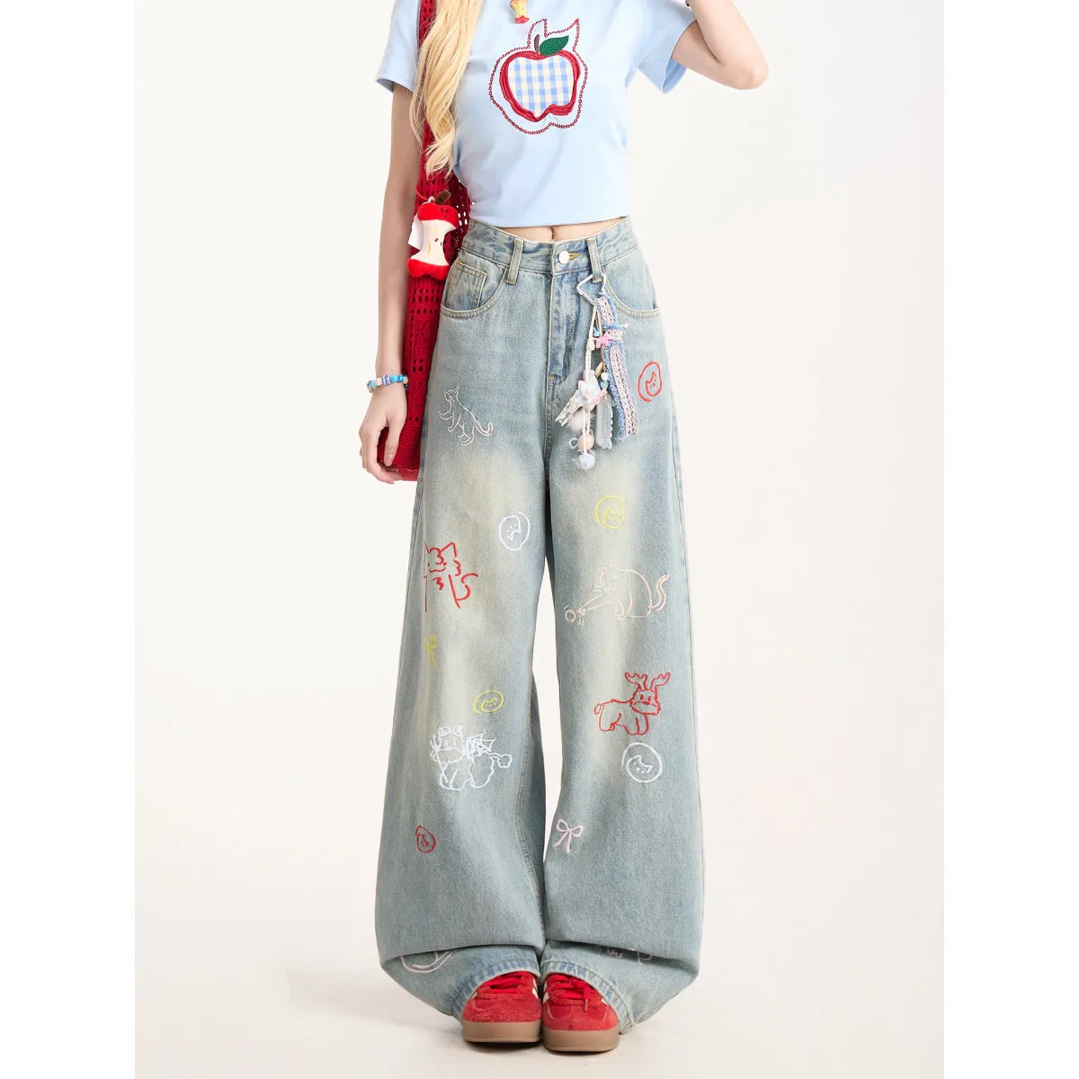 

Женские синие забавные джинсы с вышивкой из мультфильмов Y2k с высокой талией 2000-х годов, американские уличные прямые джинсы в стиле Харадзюку, широкие брюки в пол