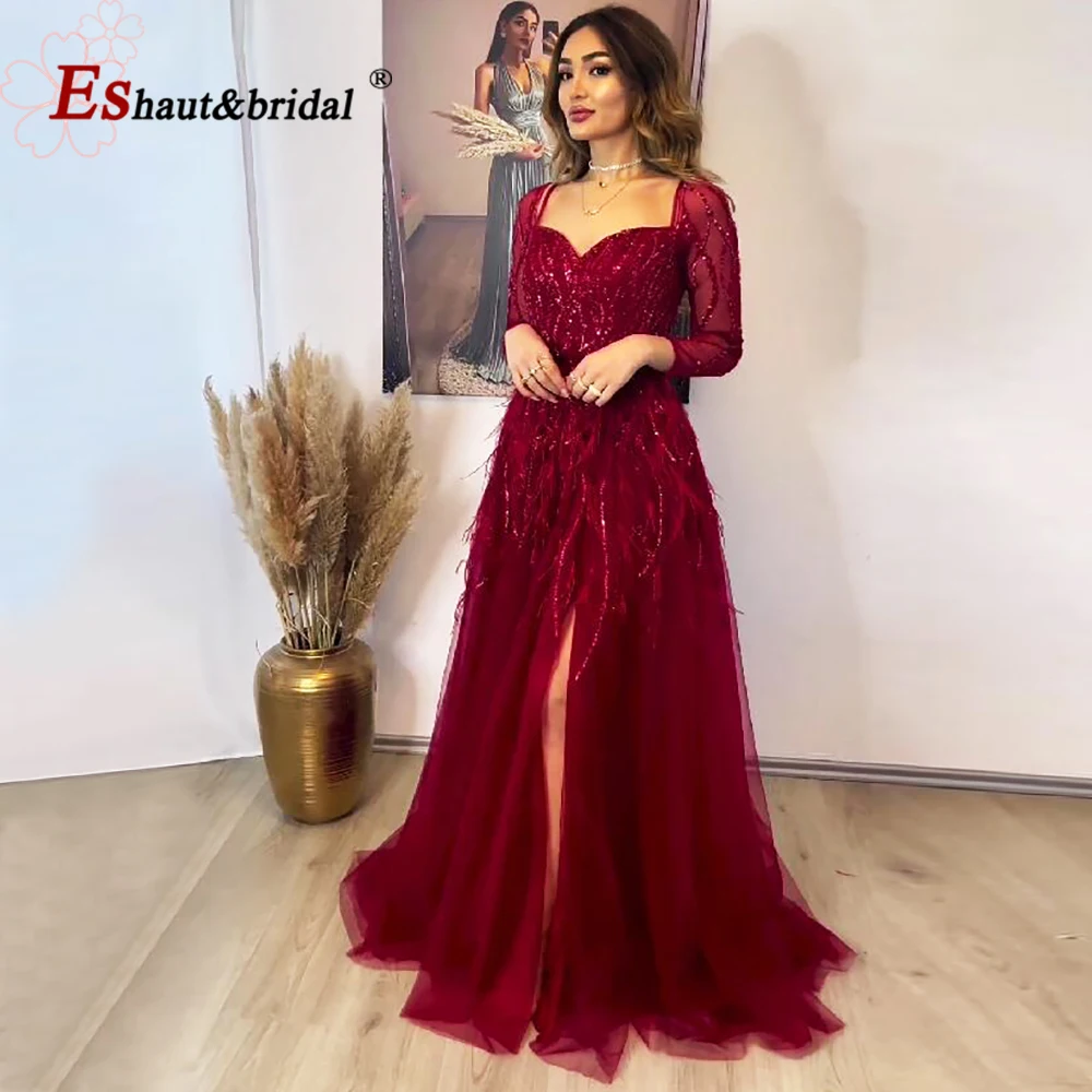 Elegant Burgundy Feather Evening Night Dress for Women 2024 V Neck Beads Handmade Side Slit Aline Formal Wedding Prom Party Gown