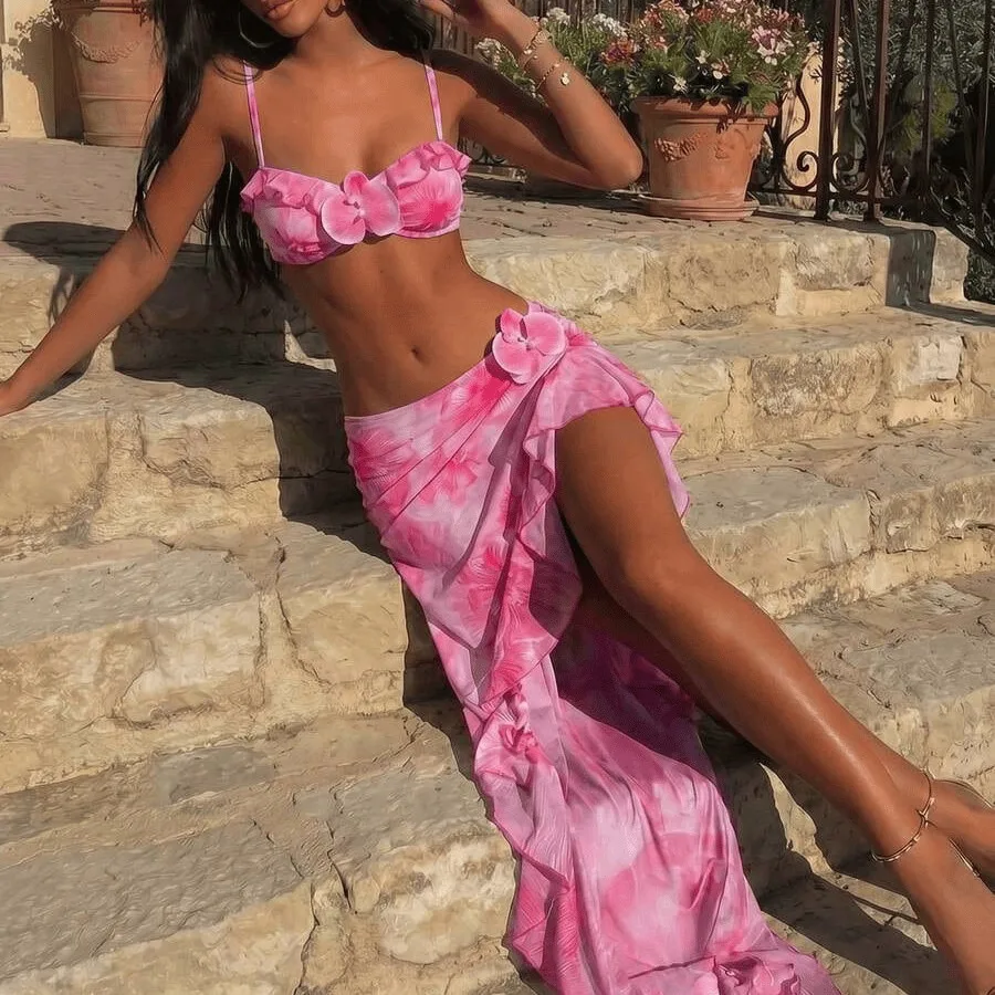 Women 3 Pcs Swimsuit Pink Floral Print 3D Flower Ruffle Bikini Set Asymmetrical Ruffle Cover Up Skirt Biquíni Feminino Conjunto