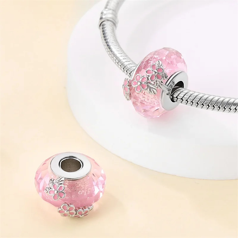 Original 925 Sterling Silber Blumen-Glasperlen Rosa Charm-Perlen Geeignet für DIY-Armbänder, Halsketten, Geburtstagsgeschenke – Detail 3