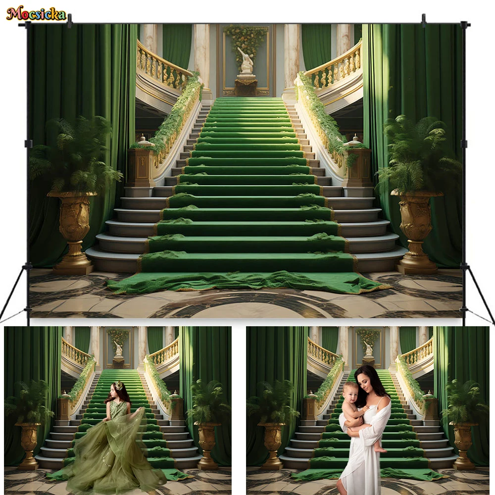 

Classical Green Staircase Background for Christmas Photography Palace Curtain Potted Plant Backdrop Newborn Baby Maternity Photo