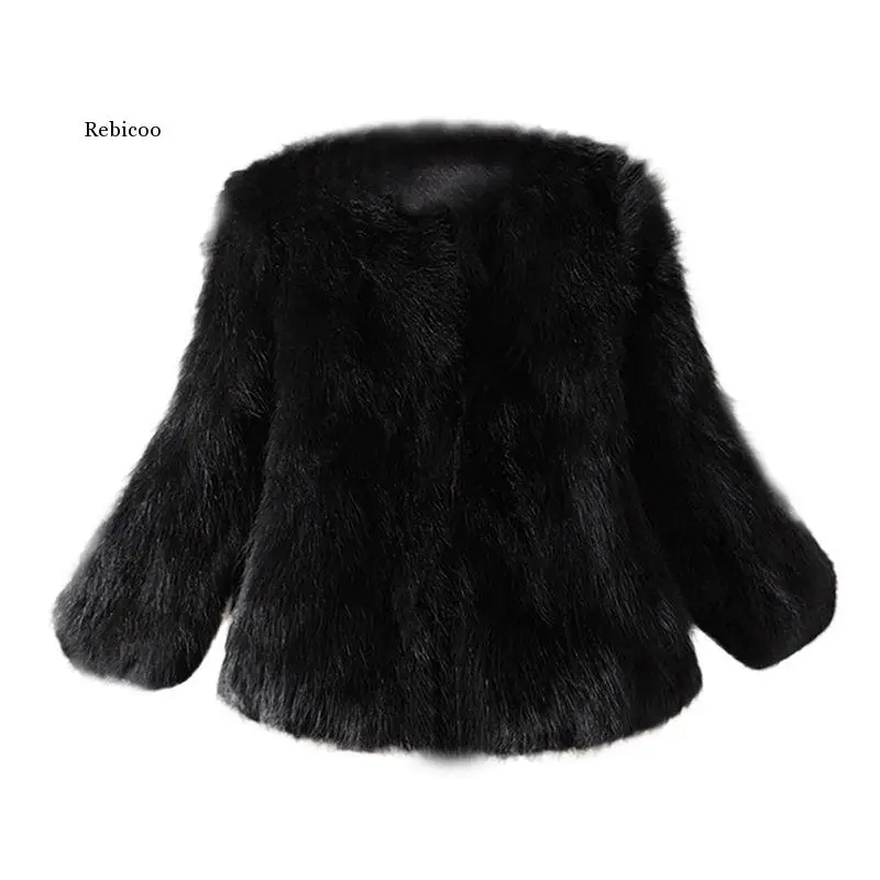 Newest Women\'s Elegant Three Quarter Sleeve Short Faux Fur Coat Winter Warm Fur Jacket Outerwear