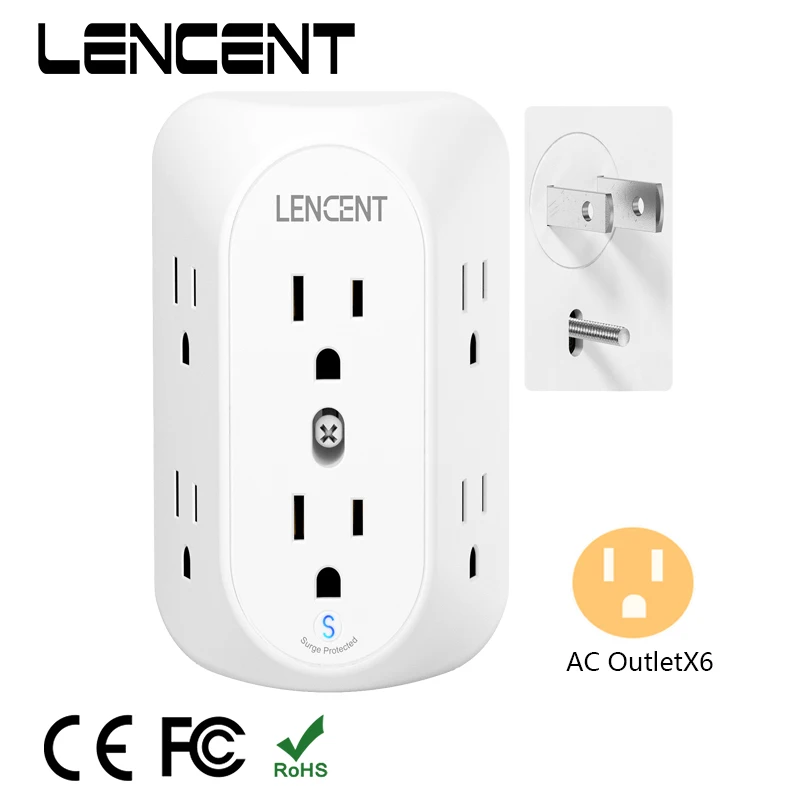 LENCENT3 to 2 Prong Grounding Outlet Adapter Polarized Plug Surge Protector Multi Plug Outlet Extender with 6 Outlets for Home