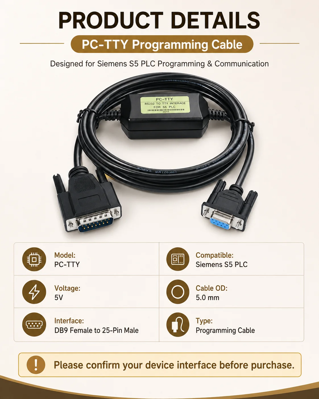 RS232 to TTY Adapter Cable for Siemens S5 Series PLC PC-TTY 5V OD5.0 Industrial Programming Upload Download Data Line