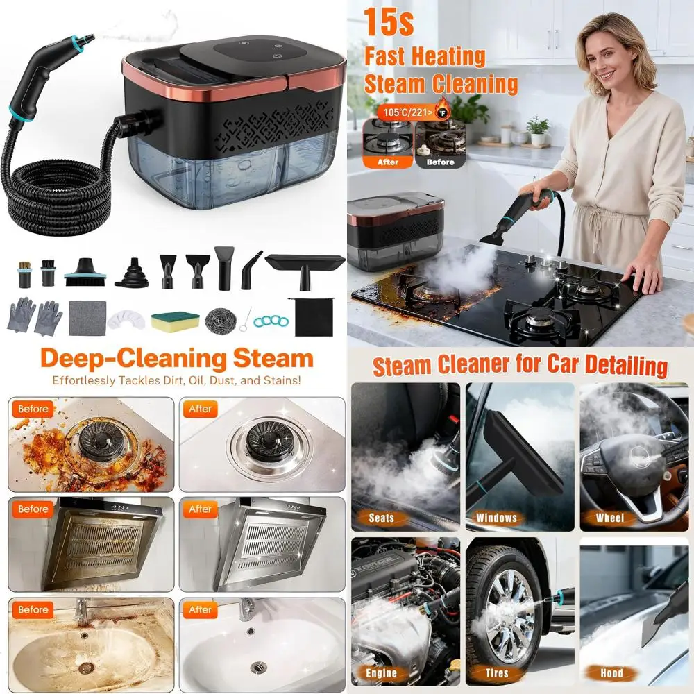 

6-уровневый регулируемый пароочиститель с нагревом 15 секунд, баком емкостью 1250 мл и 16 аксессуарами для глубокой очистки дома и автомобиля