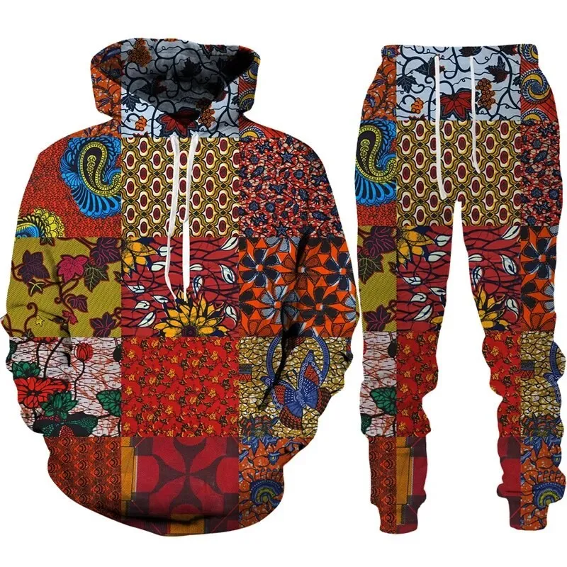 New Vintage Abstract Pattern 3D Print Men Clothing Suit Ethnic Style Hoodie Pants 2 Piece Set Men\'s Sportswear Tracksuit Autumn