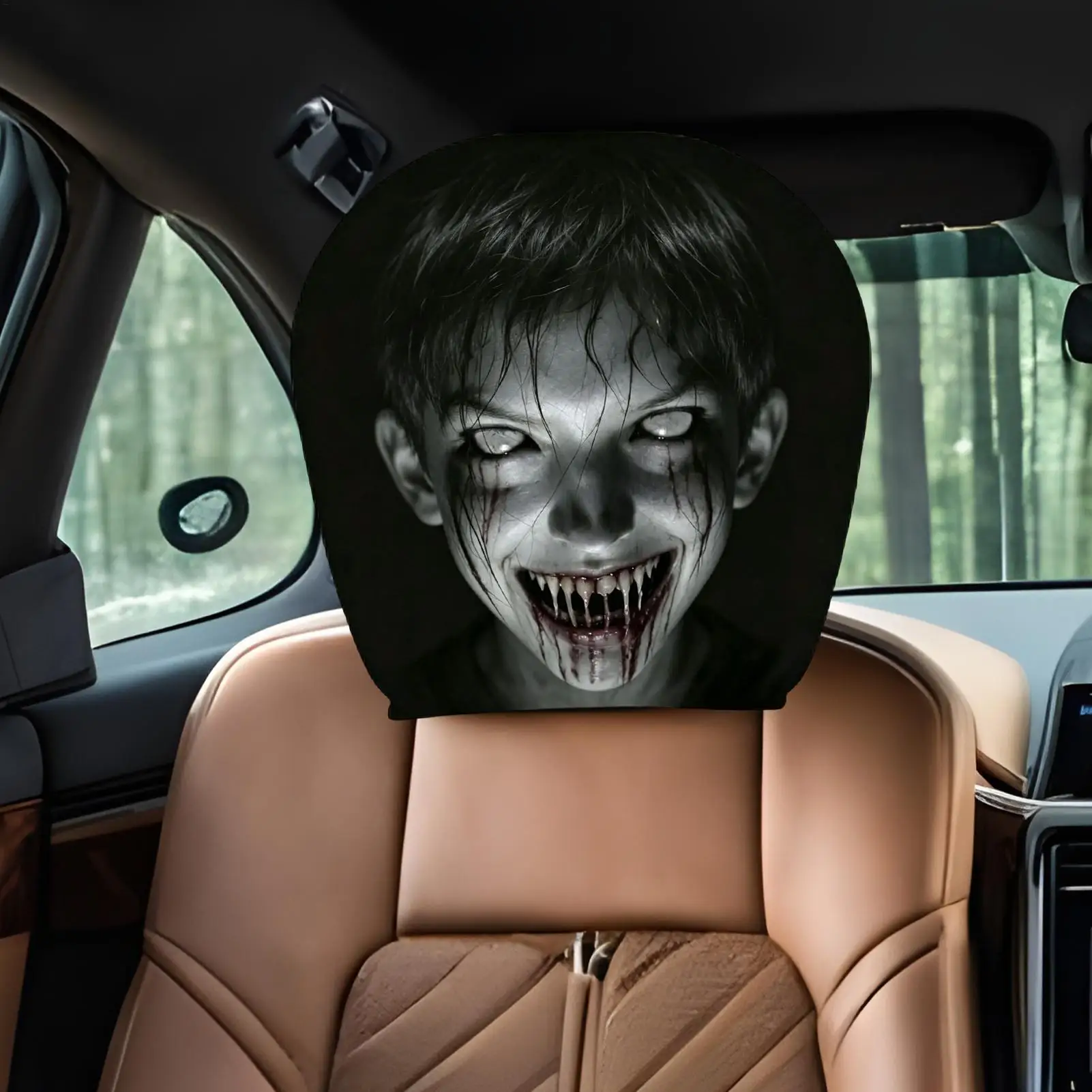 Ghost Headrest Covers 2Pcs Horror Spooky Auto Seat Protector Front Pillow Wrap for SUV Sedan Truck RV Vehicle Trailer