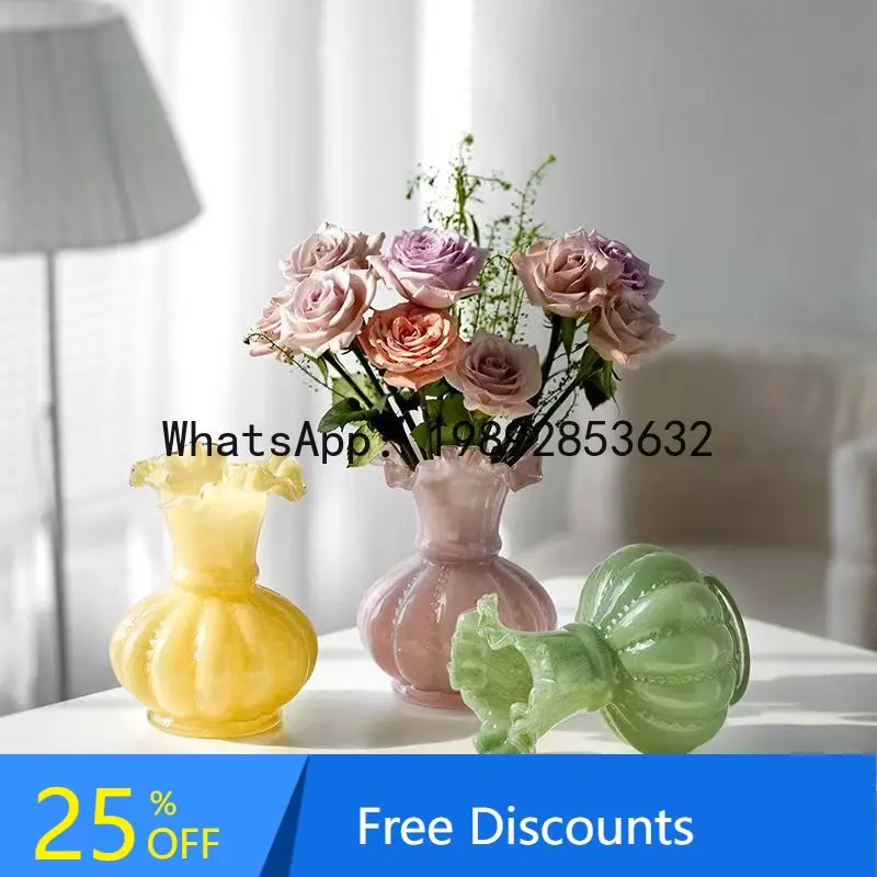 

CZ Living Room Flower Arrangement Glass Vase High-End Pink French Crystal Fenton Decorative Vase Ornament