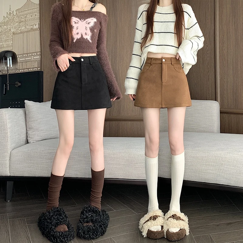 Retro American Short Skirt Suede High Waist A-Line Anti-Light Walking Sexy Girl Autumn Winter New Style Versatile Half-length...
