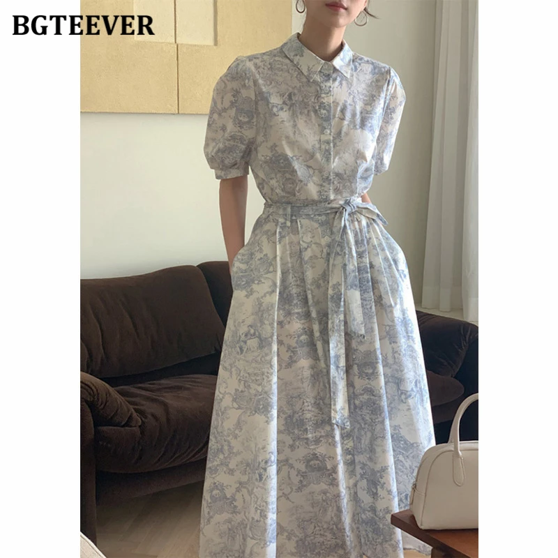 BGTEEVER Vintage Short Sleeve Female A-line Floral Dress Casual Slim Waist Lace-up Pockets Female Single-breasted Midi Dress