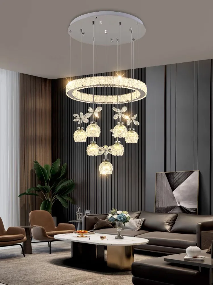 

New Modern LED Crystal Glass Petal Ceiling Chandelier Rings Chrome Luster for Living room Dining room Home Decor Indoor Lighting