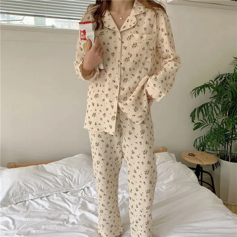 New Spring Autumn Crepe Cotton Two Piece Set Sleepwear Women Pajamas Set High Quality Pants Home Set Floral Print Vintage