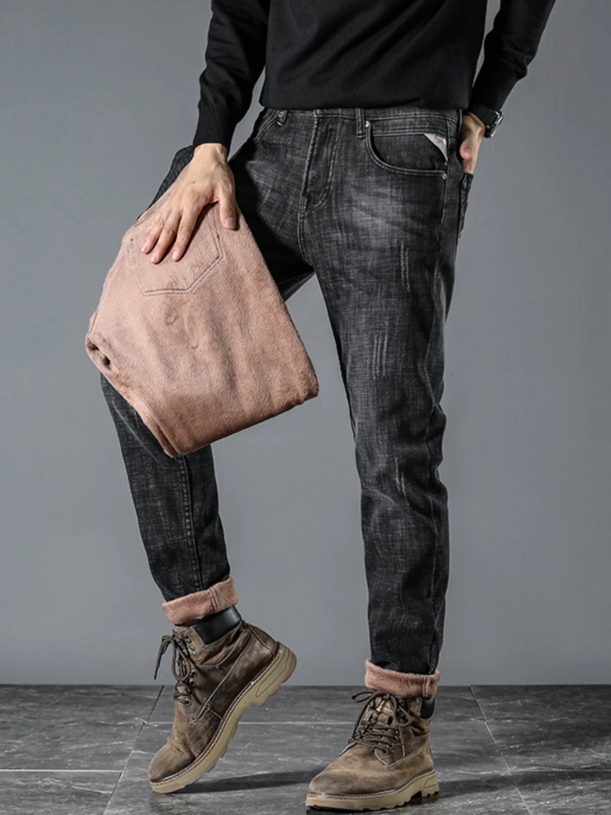 

Утепленные мужские джинсы прямого кроя для осени и зимы, модные повседневные теплые брюки под ботинки, молодежная повседневная мода