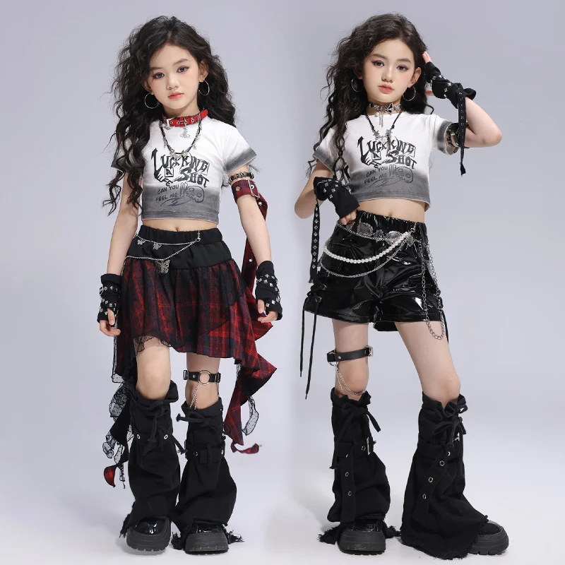 

Крутой укороченный топ в клетку для девочек в стиле хип-хоп, детская уличная одежда, комплекты готической одежды, футболка для уличных танцев, детские костюмы для сценического джаза