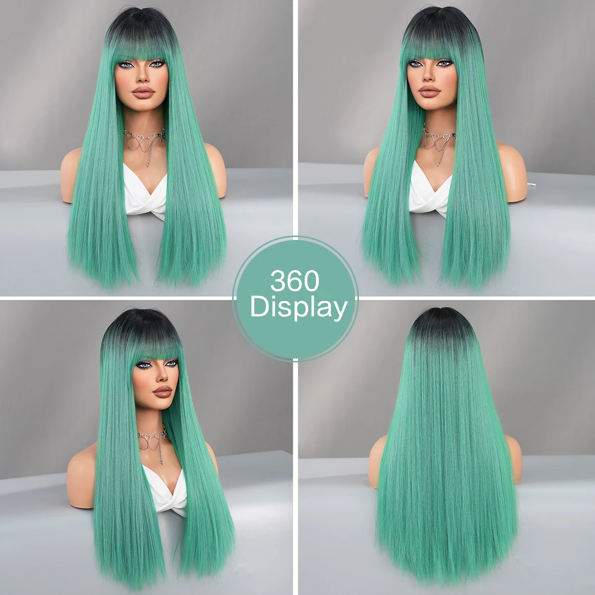 NAMM Long Straight Grass Green With Black On Top Wig With Bangs for Women Popular Sweet Synthetic Wig for Daily Cosplay