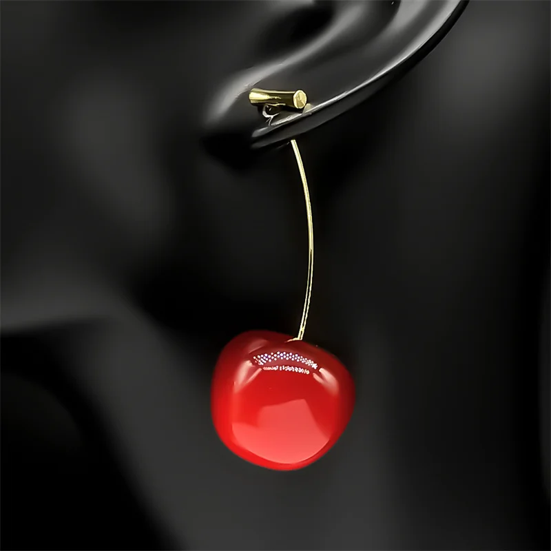 Exquisite Red Cute Cherry Pendant Drop Earrings for Women Girls Sweet Shiny Gold Color Dangle Stud Earring Daily Jewelry Gift
