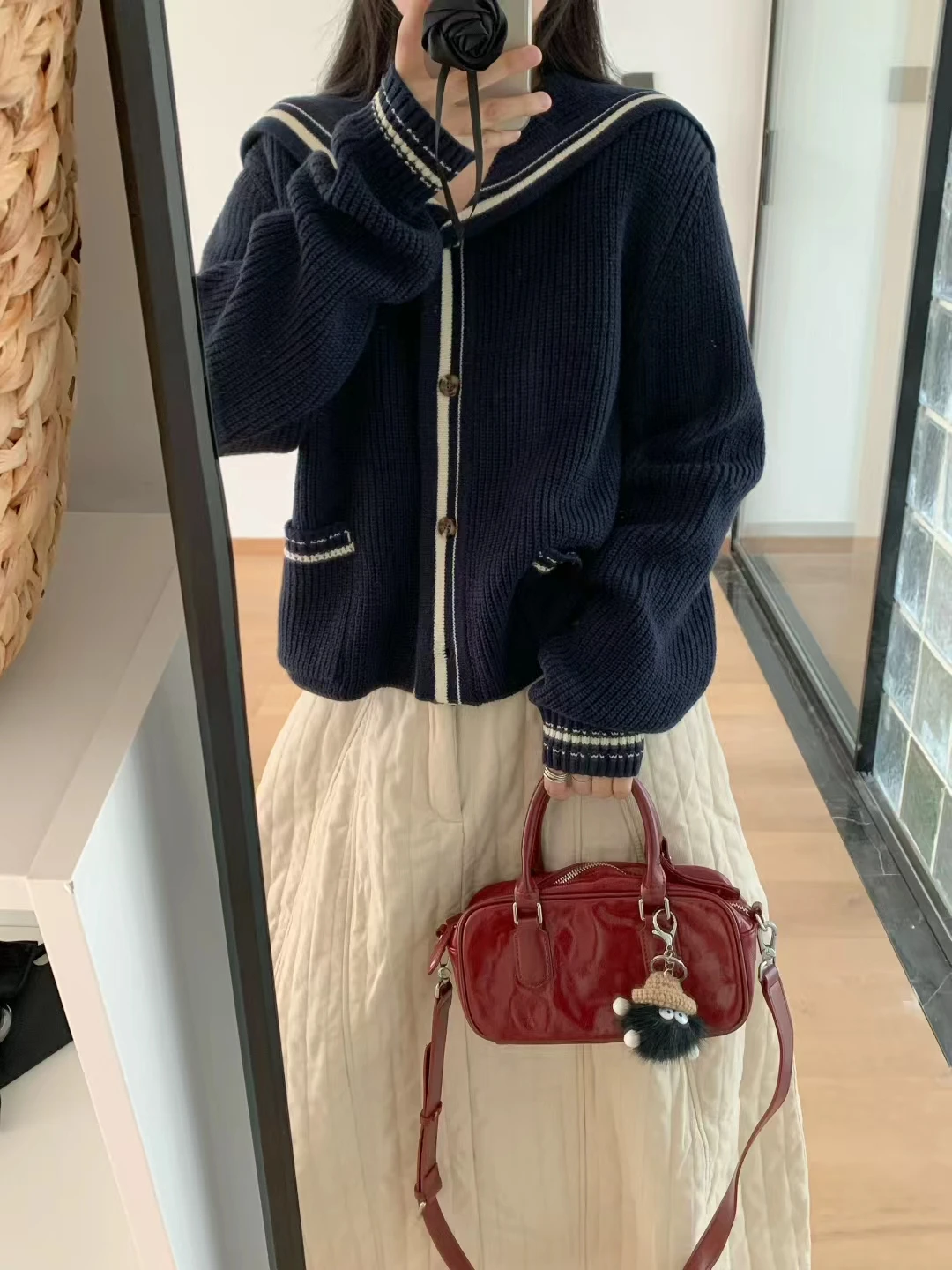 Kardigan Rajut Bulu Rakun Lembut Wanita Kerah Navy Warna Polos Panjang Lembut Nyaman Mantel Kardigan Wanita