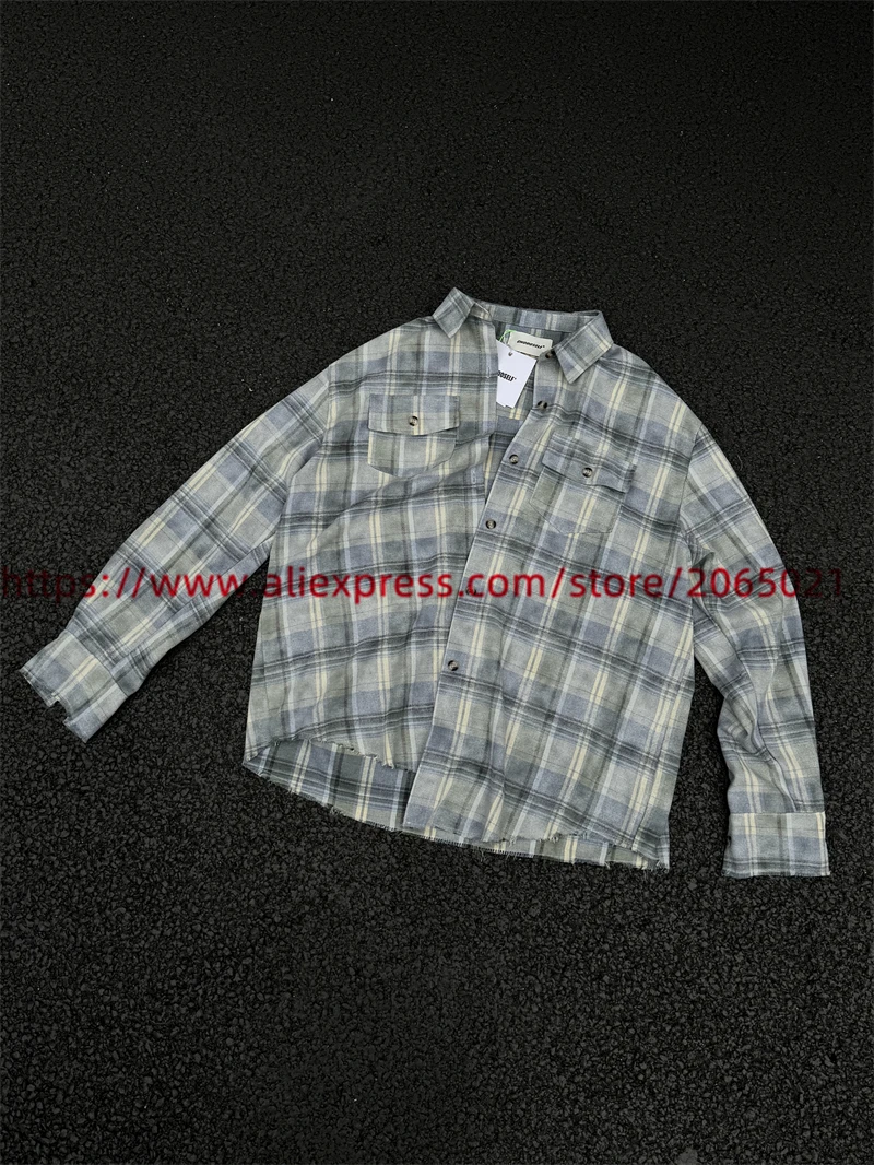 Retro Distressed Halo Dyeing Flannel Plaid Shirts Men Women Handmade destruction of tassels at the hem Oversize Shirt