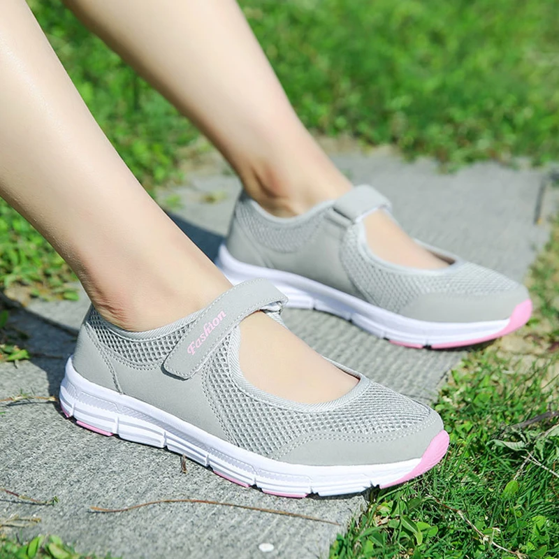 Baskets d'été respirantes pour femmes, chaussures de marche saine Mary Jane pour femmes, maille, cadeau pour mère, chaussures plates Super légères pour femmes, grande taille 43