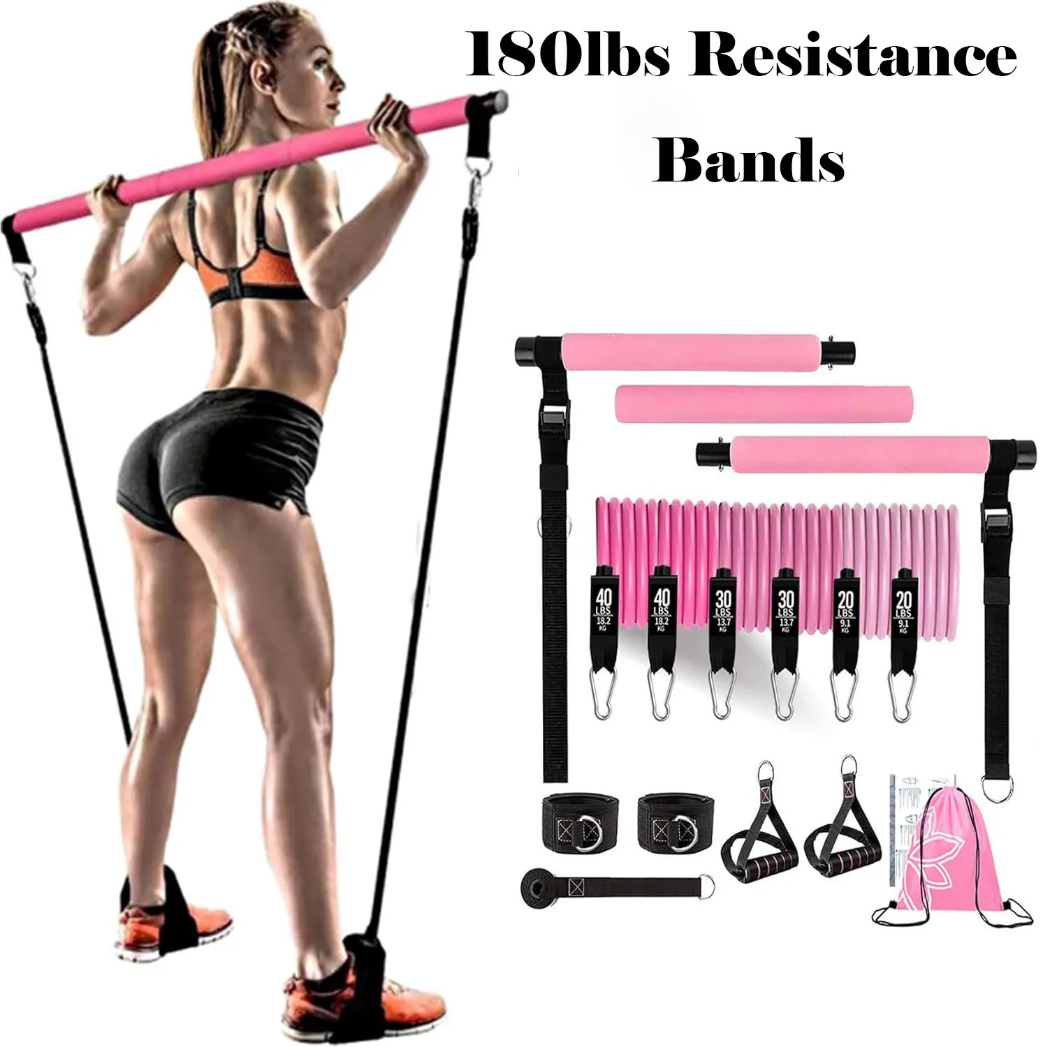 180lbs Resistance Bands with Adjustable Pilates Bar, Portable Home Gym Set for Full Body Strength & Pilates Workout
