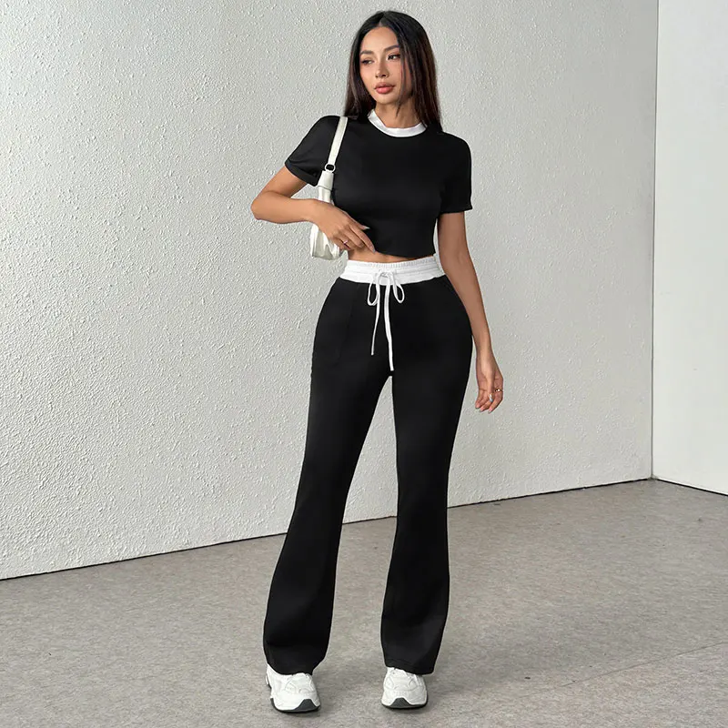 

Spring Women T-shirt Trousers 2 Piece Streetwear Fashion Short Sleeve O-Neck T-shirt Casual Slim Lace-up Trousers Lady Clothing