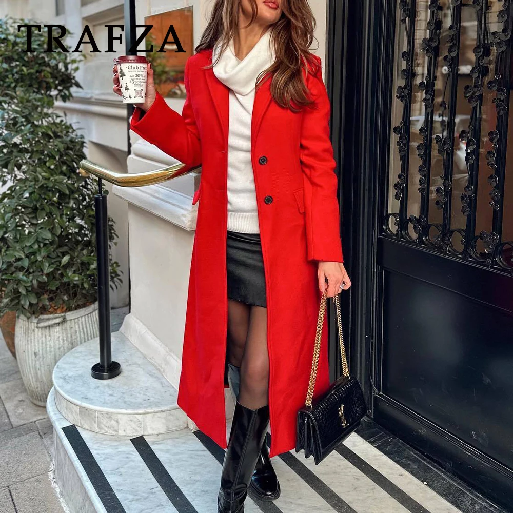 TRAFZA 2024 Autumn Winter Women Casual Long Coats Fashion Streetwear Solid Turn Down Collar Single Breasted Elegant Long Jackets