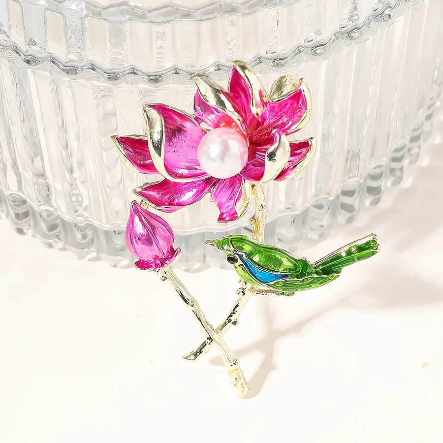 النمط الصيني الرجعية العقعق لوتس بروش المرأة الراقية رائعة شيونغسام Hanfu رسمت النفط الطيور الصدر زهرة معطف دبوس #4