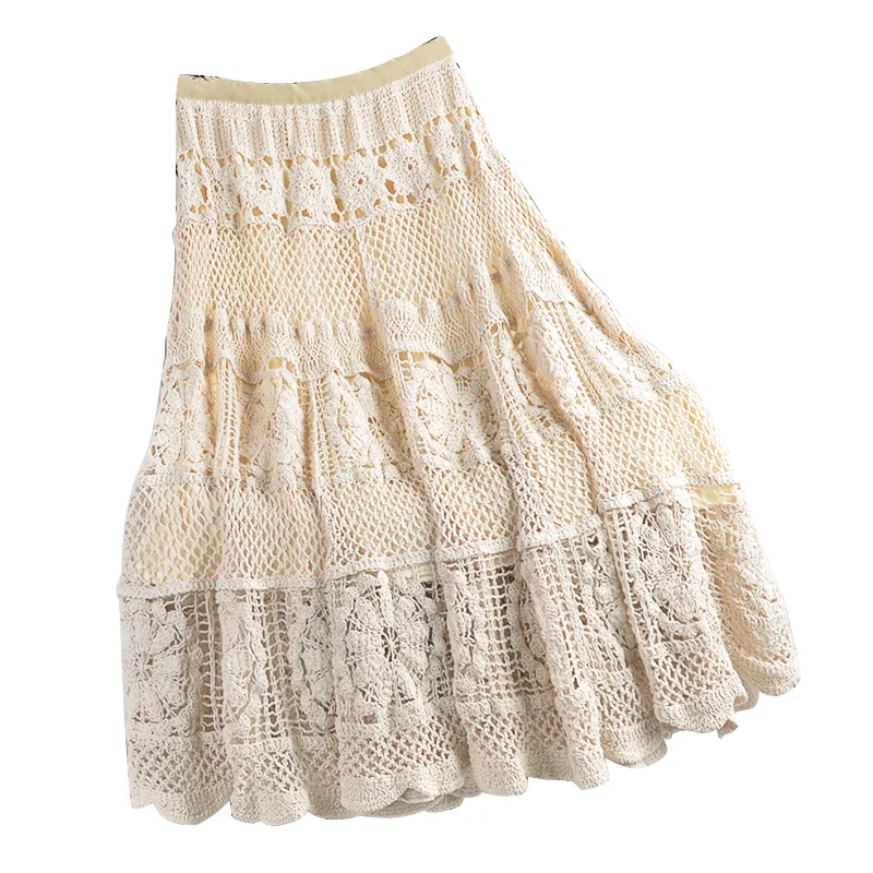 Vintage Bohemian Long Skirts Women Elastic Waist Slim Mid-Length Solid Color Wild Crochet Hollow Boho Beach Party Female Skirt