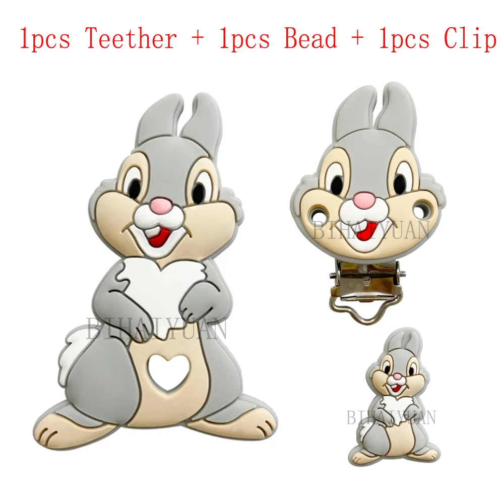 

3pcs one set Disney Thumper Silicone teether clip Focal Beads DIY Pacifier Chain Clips Beads pen Toy Jewelry Accessories