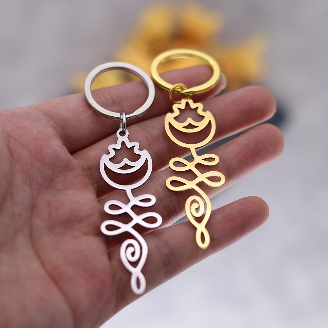 QIMING Crecent Moon And Lotus Unalome Keychains Women Stainless Steel Bohemia Jewelry Key Rings Men Party Gift