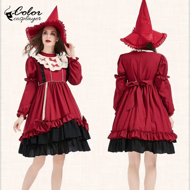 

Color Cosplayer Red Dress Suit Witch Cosplay Costume Long Sleeved Bow Lolita Maid Dress Up Adult Halloween Anime Clothing