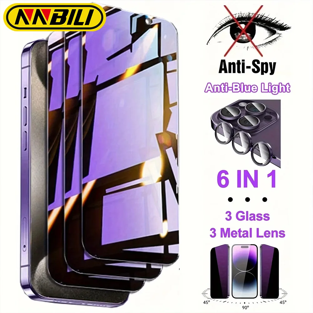 NNBILI 6in1 [3pcs -blue Light Privacy Tempered Glass + 3pcs 