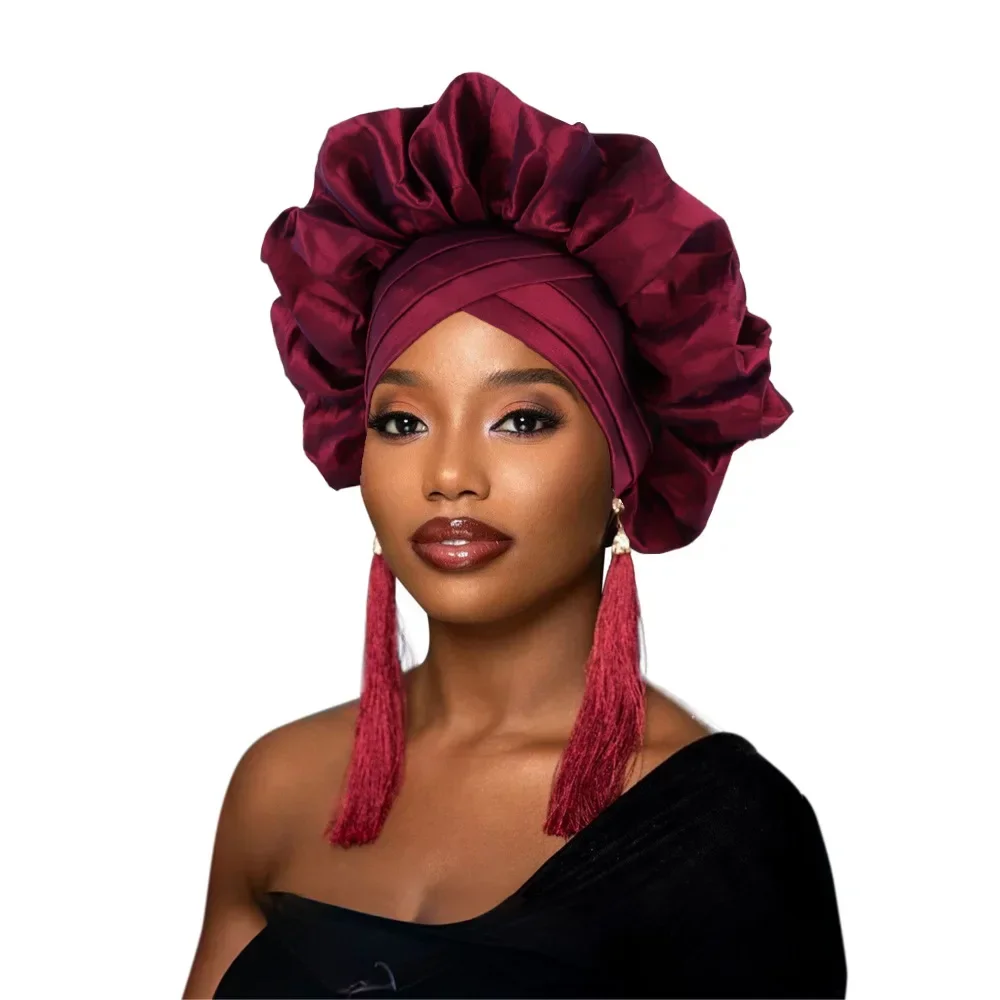 African Headtie Women Front Cross Ruffle Turban Cap Nigerian Wedding Auto Gele Headpiece Head Wrap Hijab Bonnet Hat Headdress