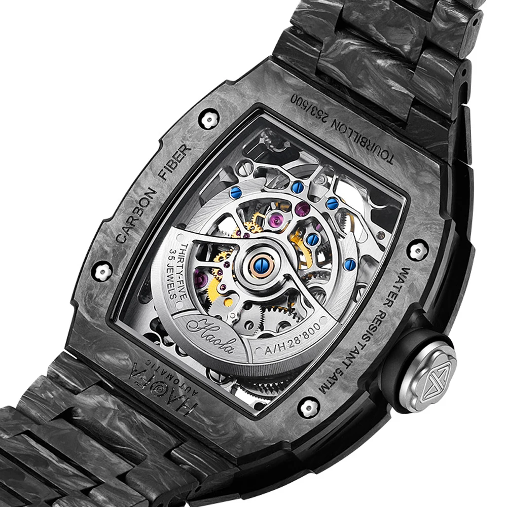 Haofa Full Carbon Fiber Tourbillon Watch for Men Skeleton Automatic Luxury Mechanical Watch Sapphire Waterproof Men\'s Watch 2311