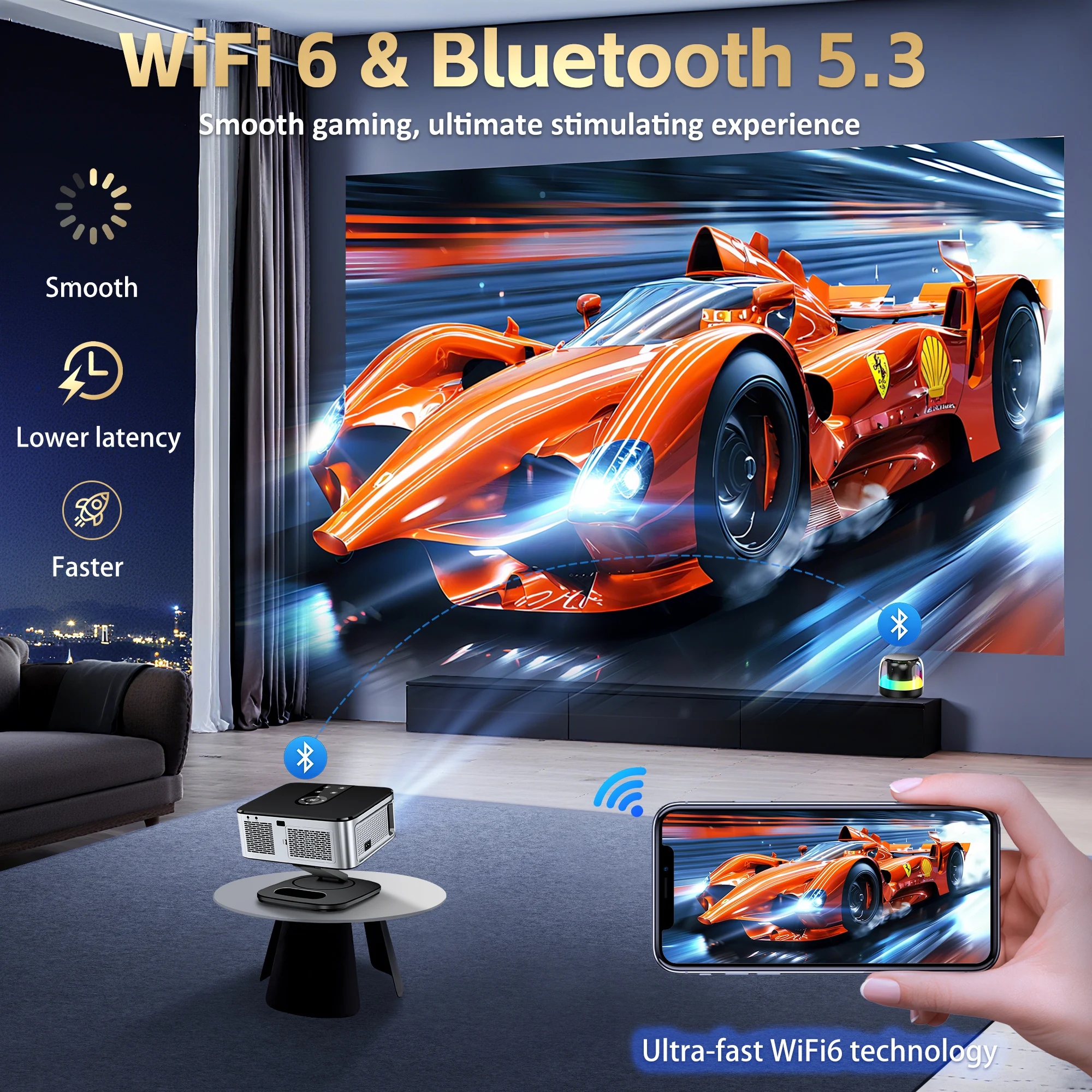 جهاز عرض Horlat 40000 لومن للتحكم الصوتي من Google التركيز التلقائي أندرويد واي فاي 6 4K UHD جهاز عرض فيلم المسرح المنزلي مرخص من Netflix