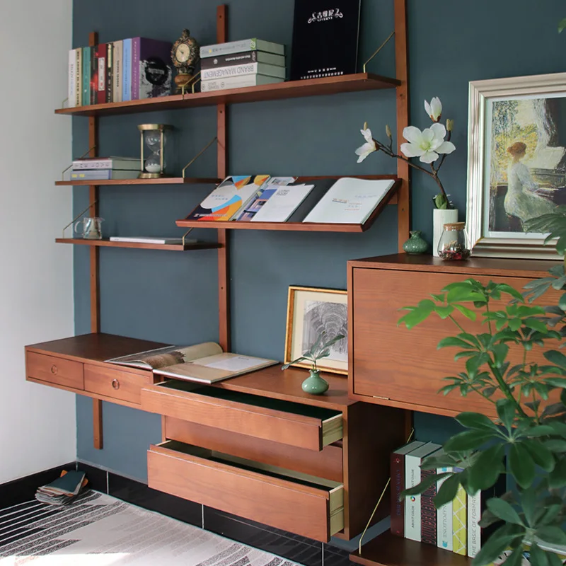 

Retro Solid Wood Cherry Wood Medieval Honey Color Shelf Bookshelf Wall System Cabinet Shelf