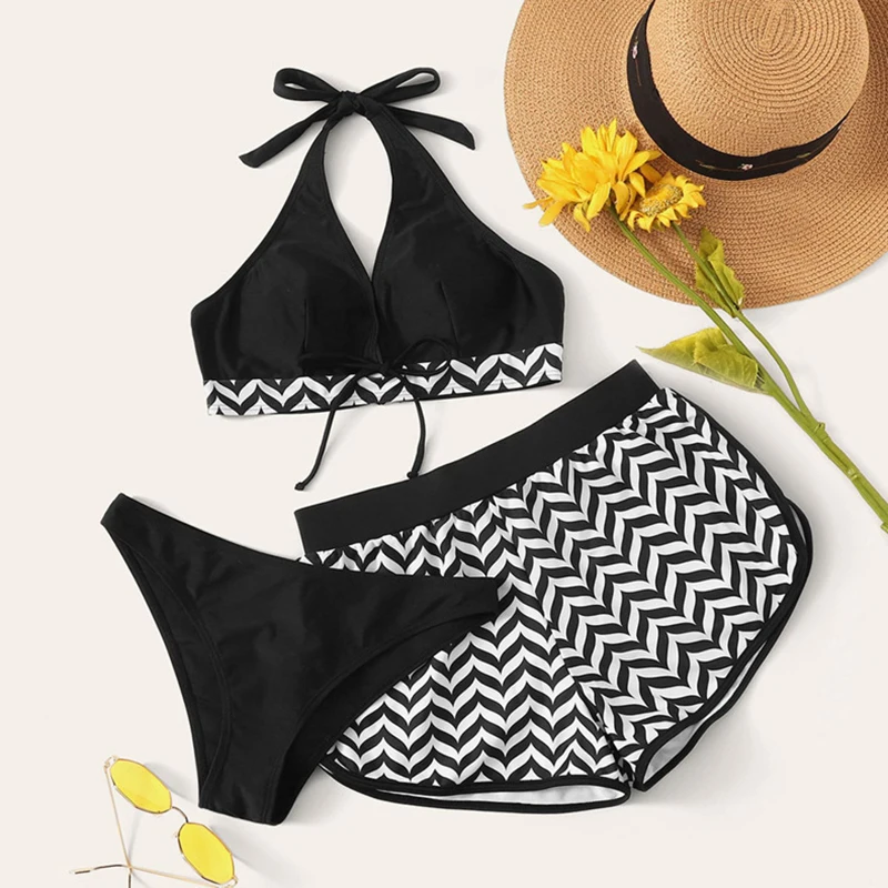 Conjunto de bikini deportivo sexy de tres piezas con cuello halter y copa triangular, traje de baño dividido, ropa de playa para vacaciones de verano para mujeres