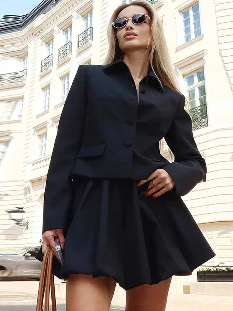 

MCDV Fashion Jacket Mini Skirts Set Women Long Sleeve Single Breasted Blazer Coat + Pleated Bud Skirt Lady Street Commute Outfit