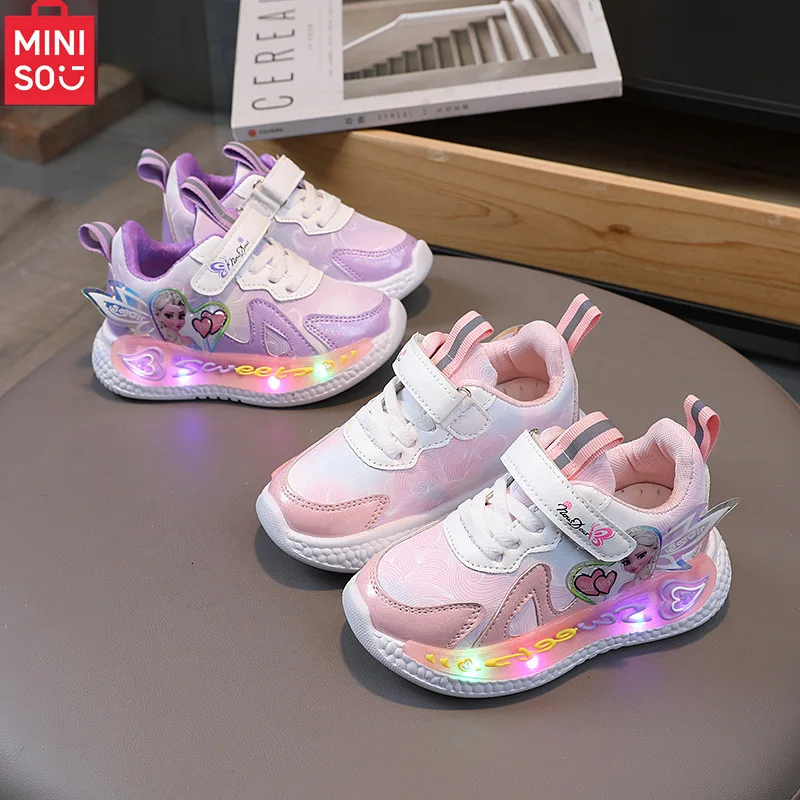 

Кроссовки Miniso Elsa со светодиодной подсветкой для девочек, 2025, повседневная обувь из дышащей сетки на мягкой подошве