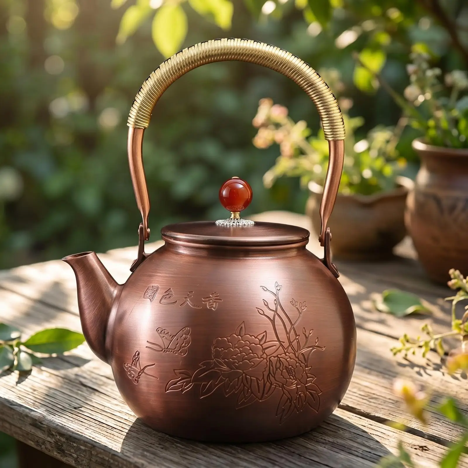 Handmade Copper Kettle for Tea Brewing Retro Teapot with Curved Spout Red Round Knob Embossed Details for Gift Giving
