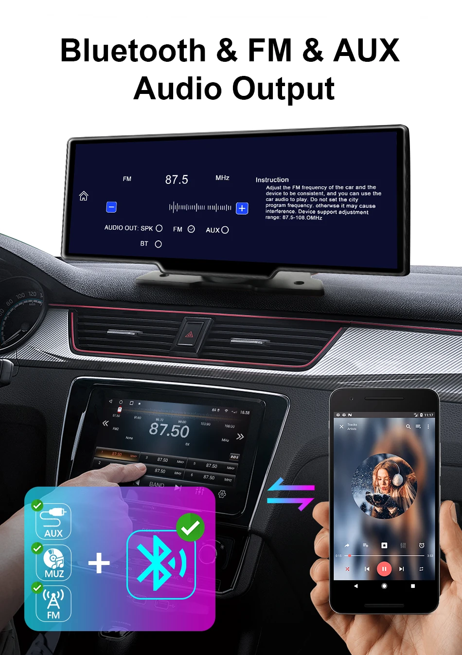 Srnubi 7/10,26 Zoll kabelloser Carplay-Bildschirm für Auto, Android Auto Dash Cam 4K Auto DVR, 1080P Rückfahrkamera, Navigationsvideorecorder, AUX – Detail 12