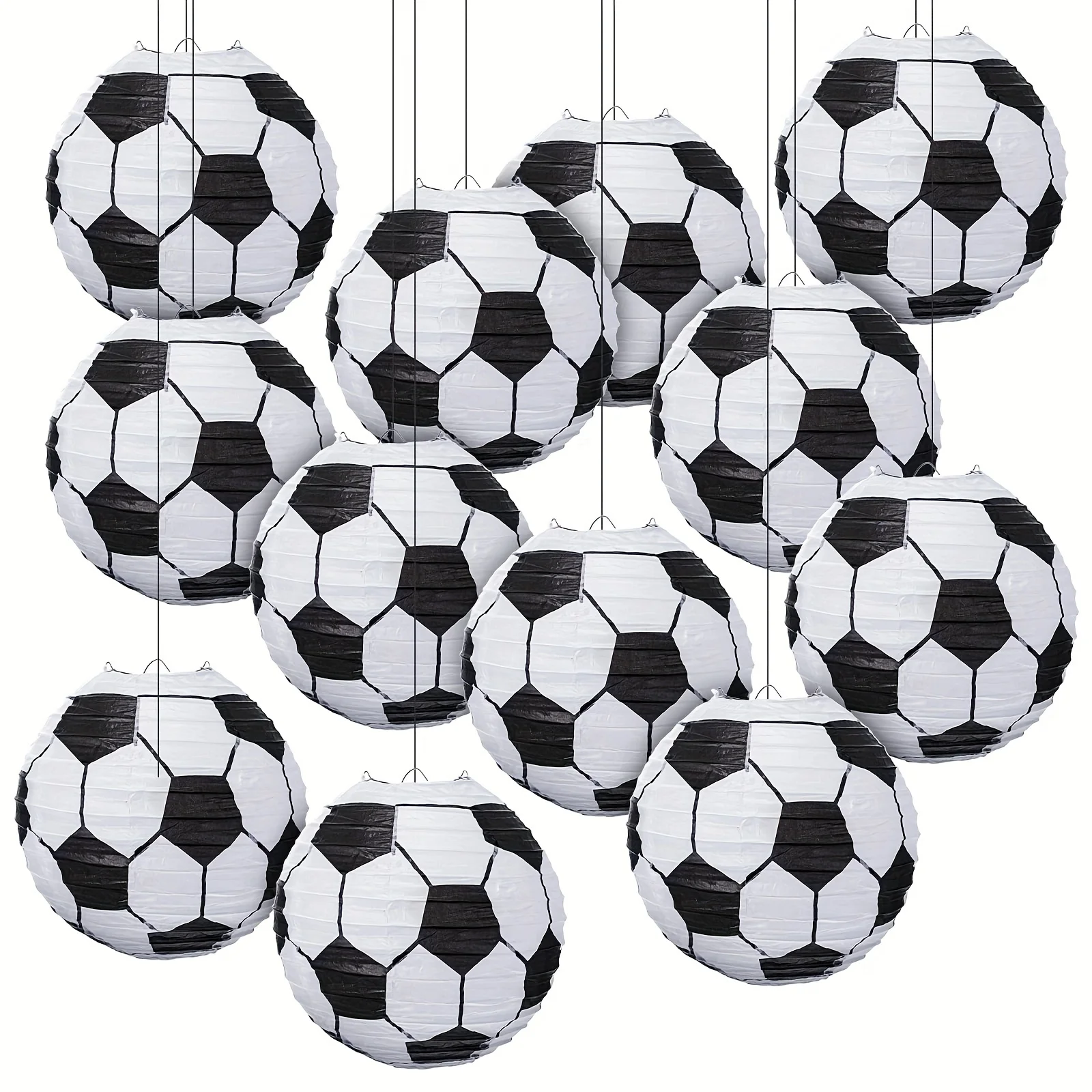 12Pcs Soccer Party Paper Lanterns Black White Color with Iron Frame Ideal for Sports Theme Birthday Decor and Table Centerpieces - Detail 1